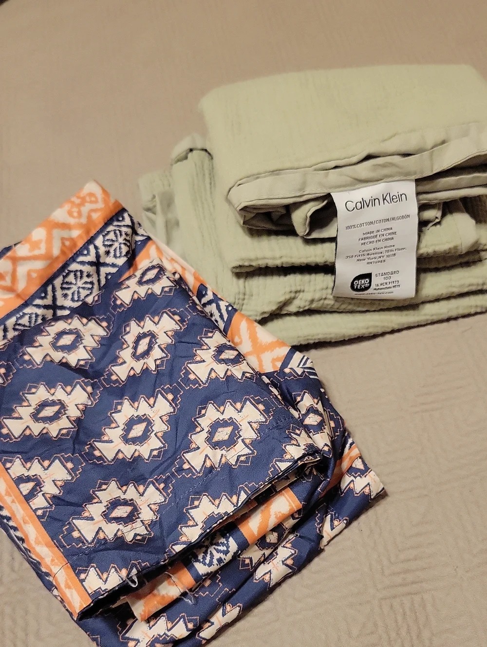 3 Pair Calvin Klein Sage Green Cotton Set with Navy & Peach Patterned Pillowcase